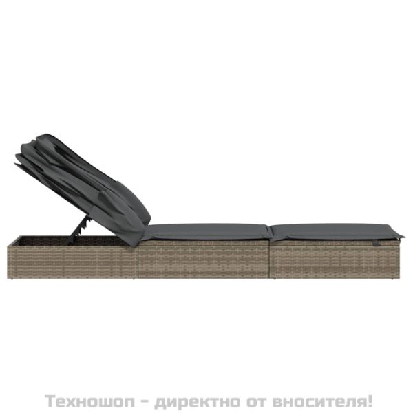 Шезлонг със сгъваем покрив, сив, 213x63x97 см, полиратан