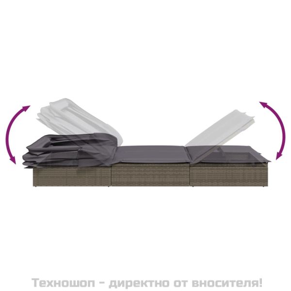 Шезлонг със сгъваем покрив, сив, 213x63x97 см, полиратан