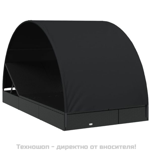 2-местен шезлонг с объл покрив, черен, 211x112x140 см полиратан