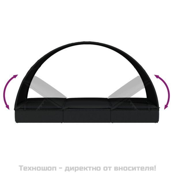 2-местен шезлонг с объл покрив, черен, 211x112x140 см полиратан
