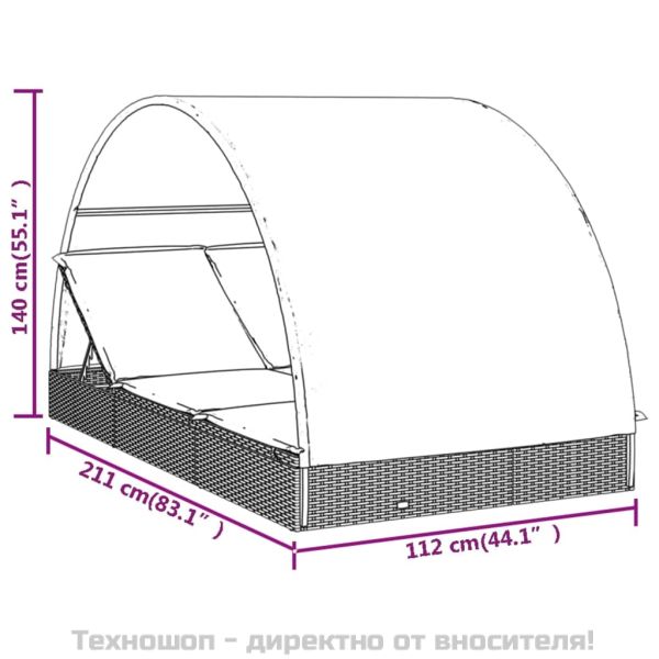 2-местен шезлонг с объл покрив, сив, 211x112x140 см, полиратан