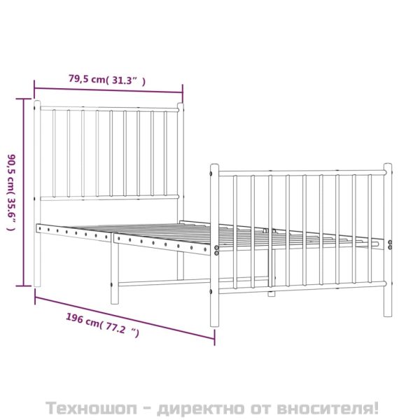 Метална рамка за легло с горна и долна табла, бяла, 75x190 см
