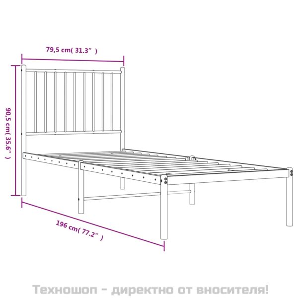 Метална рамка за легло, без матрак, с табла, бяла, 75x190 см