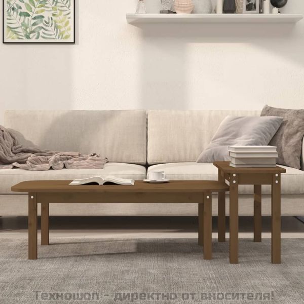 Комплект масички за кафе от 2 части, меденокафяво, бор масив