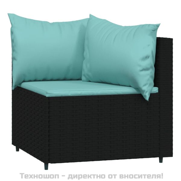 Градински лаундж комплект с възглавници 3 части черен полиратан