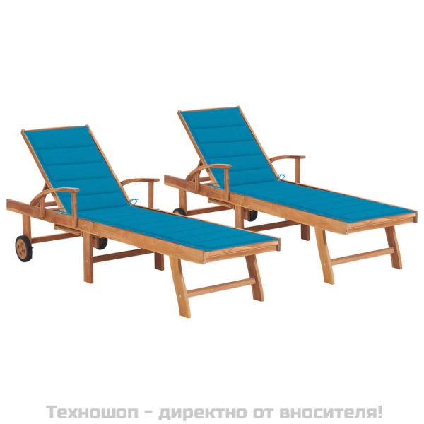 Шезлонги със сини шалтета, 2 бр, тиково дърво масив
