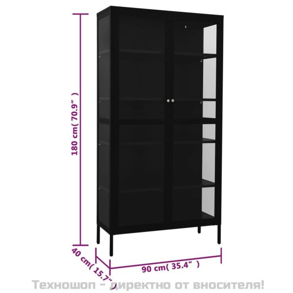 Витрина, черна, 90x40x180 см, стомана и закалено стъкло
