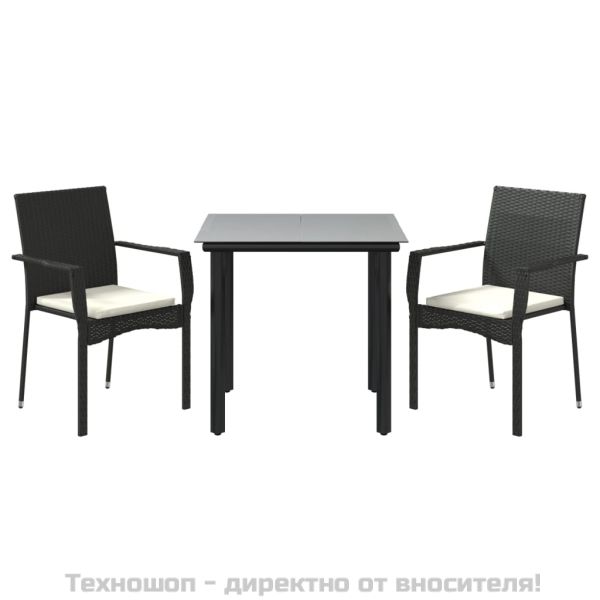 Градински комплект от 3 части с възглавници черни полиратан
