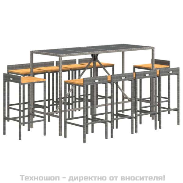 Градински бар комплект 11 части сив полиратан и акация масив