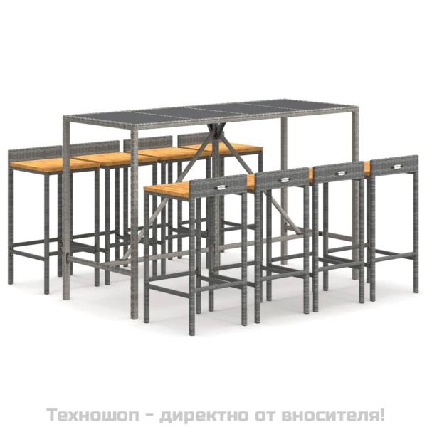 Градински бар комплект 9 части сив полиратан и акация масив