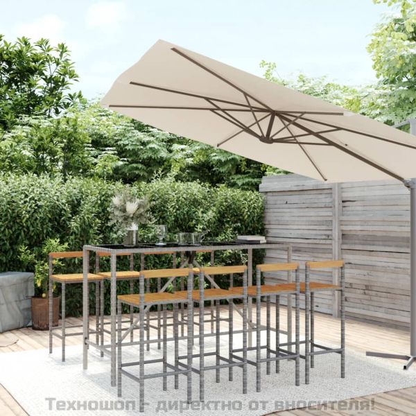 Градински бар комплект 9 части сив полиратан и акация масив