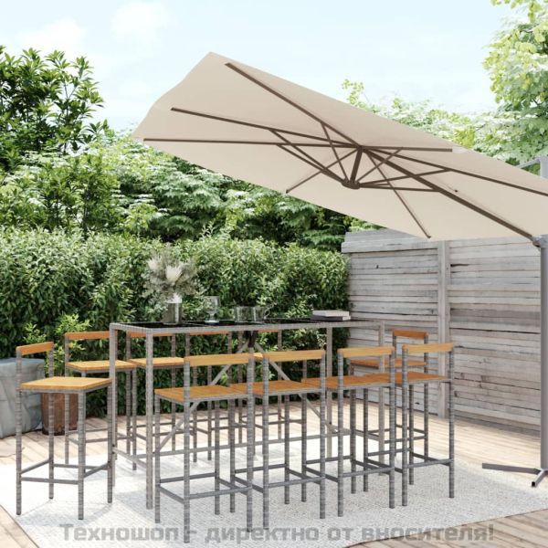 Градински бар комплект 11 части сив полиратан и акация масив