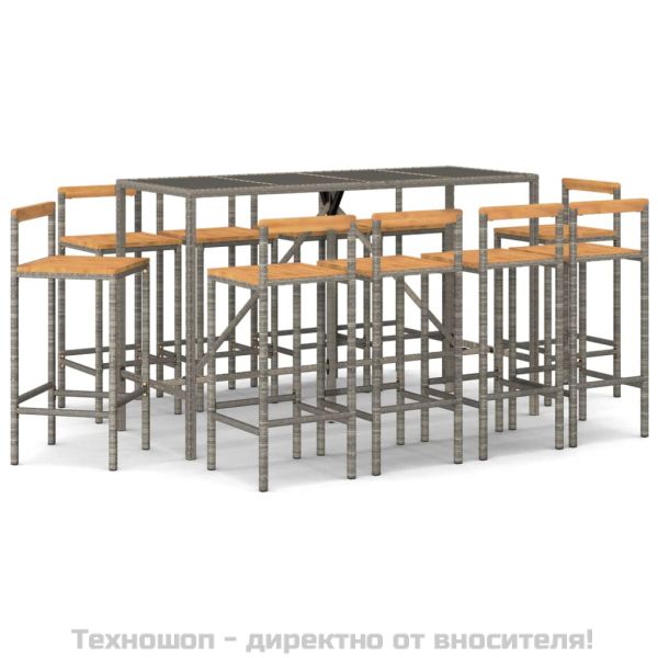 Градински бар комплект 11 части сив полиратан и акация масив