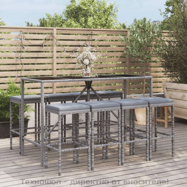 Градински бар комплект с възглавници 9 части сив полиратан