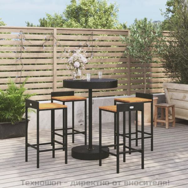 Градински бар комплект 5 части черен полиратан и акация масив
