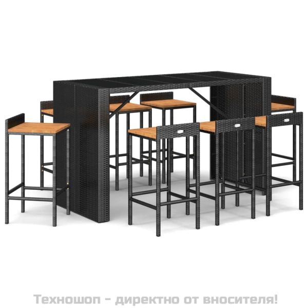 Градински бар комплект 9 части черен полиратан и акация масив
