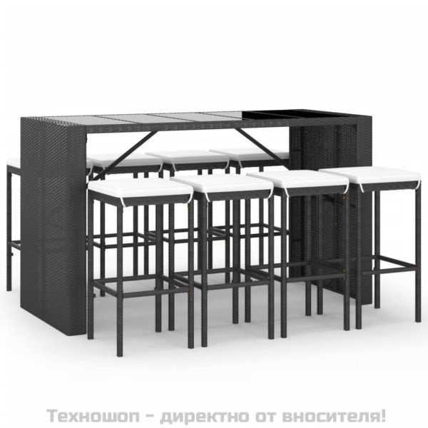 Градински бар комплект с възглавници 9 части черен полиратан