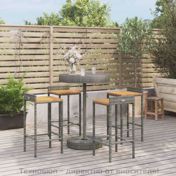 Градински бар комплект 5 части сив полиратан и акация масив