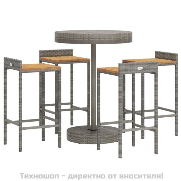 Градински бар комплект 5 части сив полиратан и акация масив