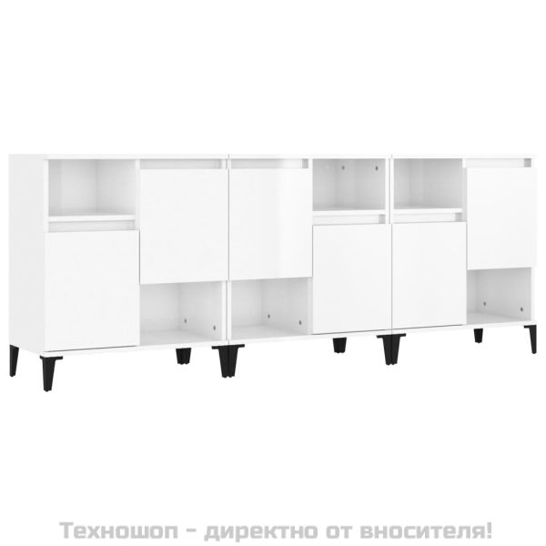 Сайдборд, 3 бр, бял гланц, 60x35x70 см, инженерно дърво