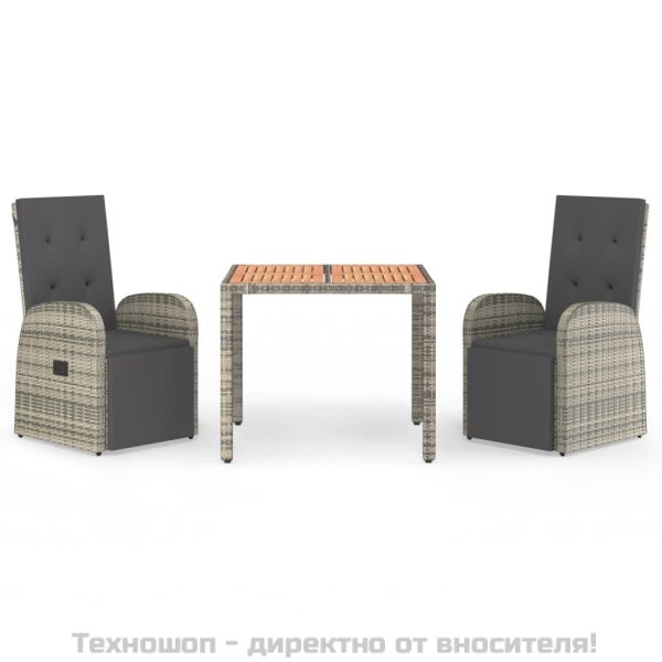 Градински трапезен комплект 3 части с възглавници сив полиратан