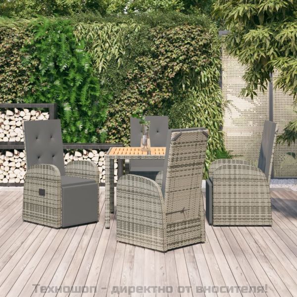 Градински трапезен комплект 5 части с възглавници сив полиратан