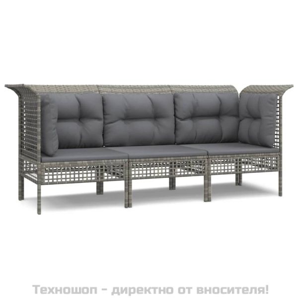 Градински лаундж комплект с възглавници 3 части сив полиратан