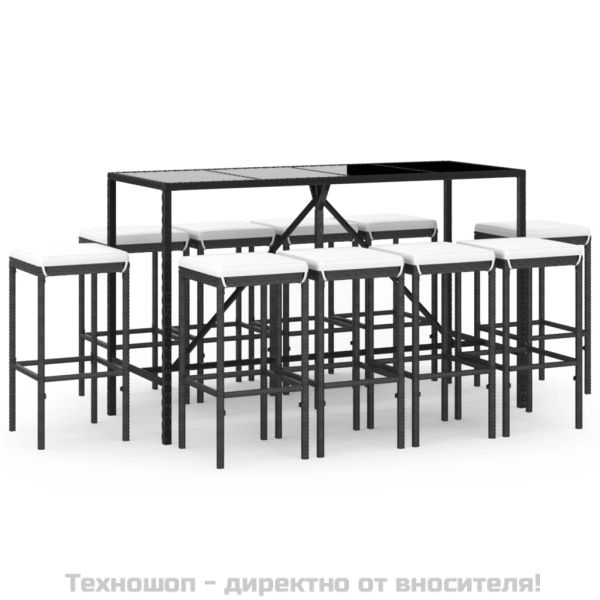 Градински бар комплект с възглавници 11 части черен полиратан