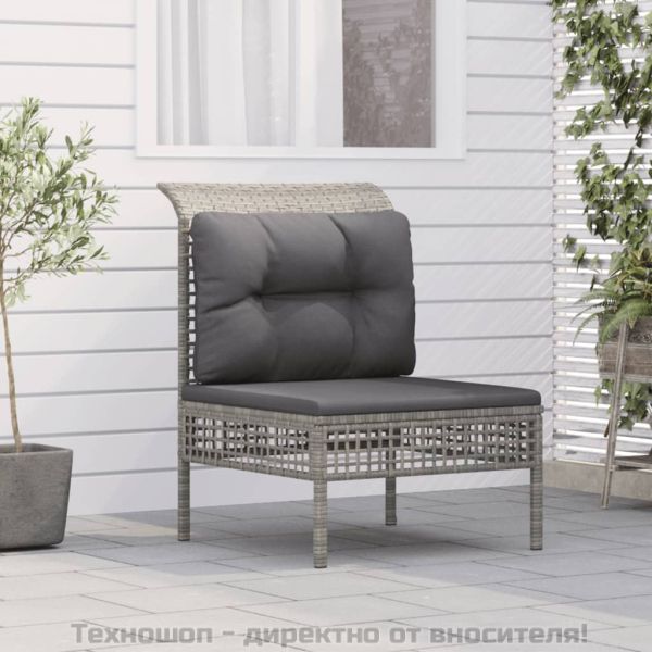 Градински среден диван с възглавница, сив, полиратан