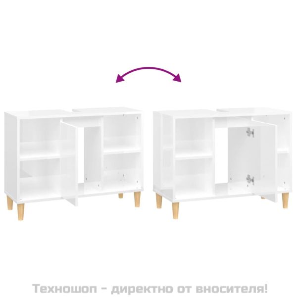 Шкаф за мивка, бял гланц, 80x33x60 см, инженерно дърво