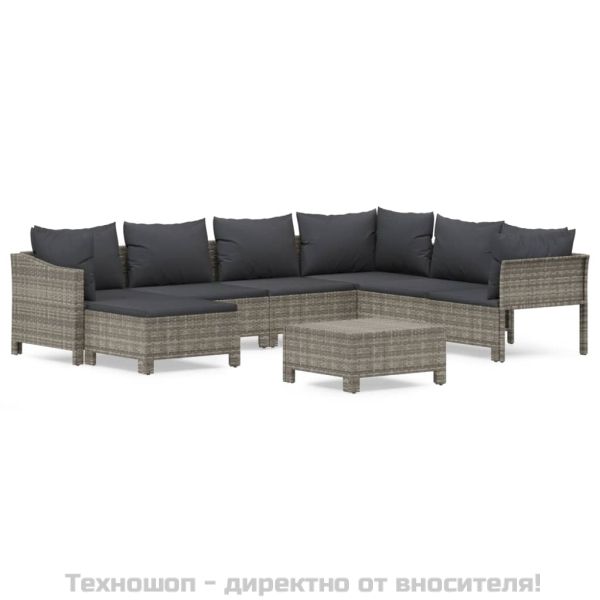 Градински комплект с възглавници, 8 части, полиратан, сив