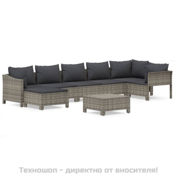 Градински комплект с възглавници, 8 части, полиратан, сив