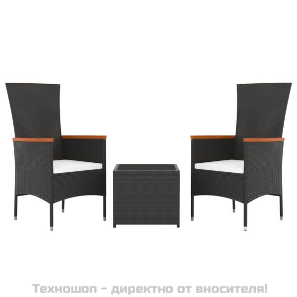 Градински лаундж комплект от 3 части черен полиратан и стомана