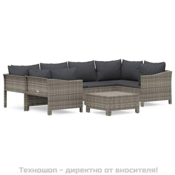 Градински лаундж комплект с възглавници 7 части полиратан сив
