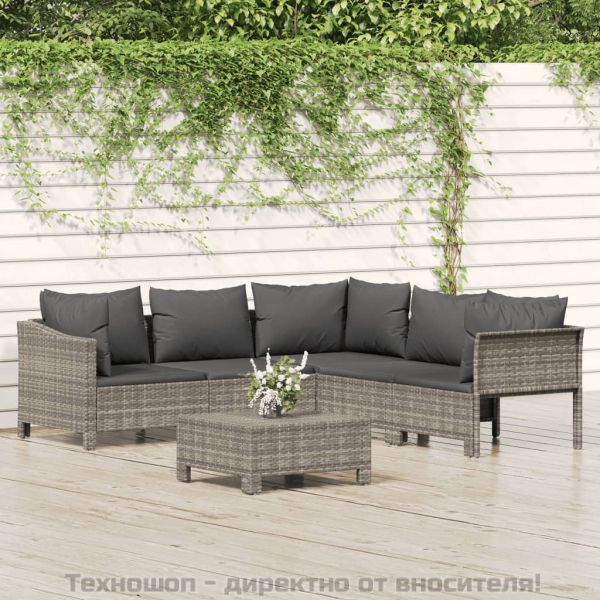 Градински комплект с възглавници, 6 части, полиратан, сив