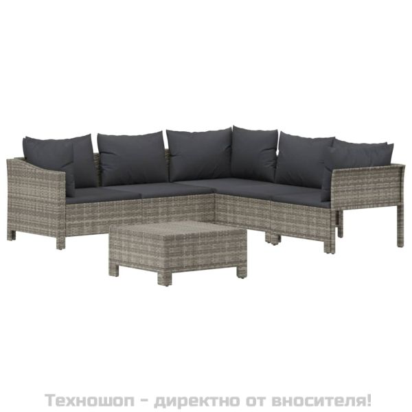 Градински комплект с възглавници, 6 части, полиратан, сив