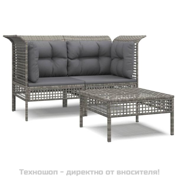 Градински лаундж комплект с възглавници 3 части сив полиратан