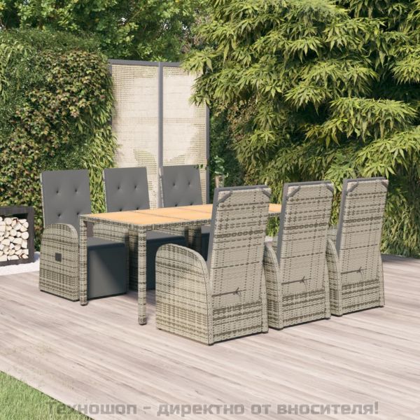 Градински трапезен комплект 7 части с възглавници сив полиратан