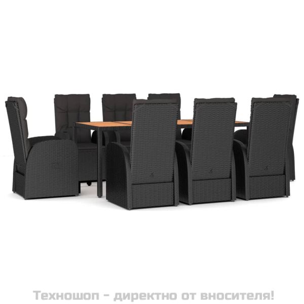 Градински трапезен комплект възглавници 9 части черен полиратан
