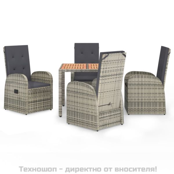 Градински трапезен комплект 5 части с възглавници сив полиратан