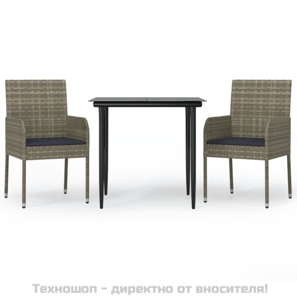 Градински трапезен комплект 3 части с възглавници сив полиратан
