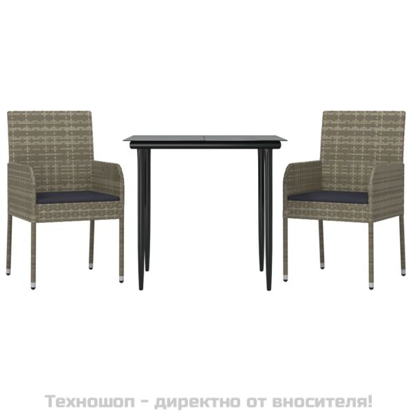 Градински трапезен комплект 3 части с възглавници сив полиратан