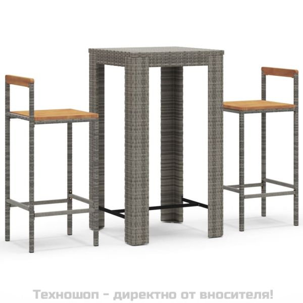 Градински бар комплект 3 части сив полиратан и акация масив
