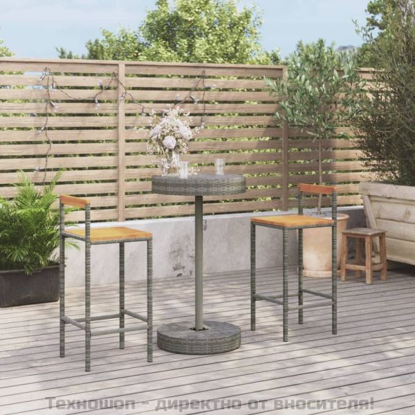 Градински бар комплект 3 части сив полиратан и акация масив