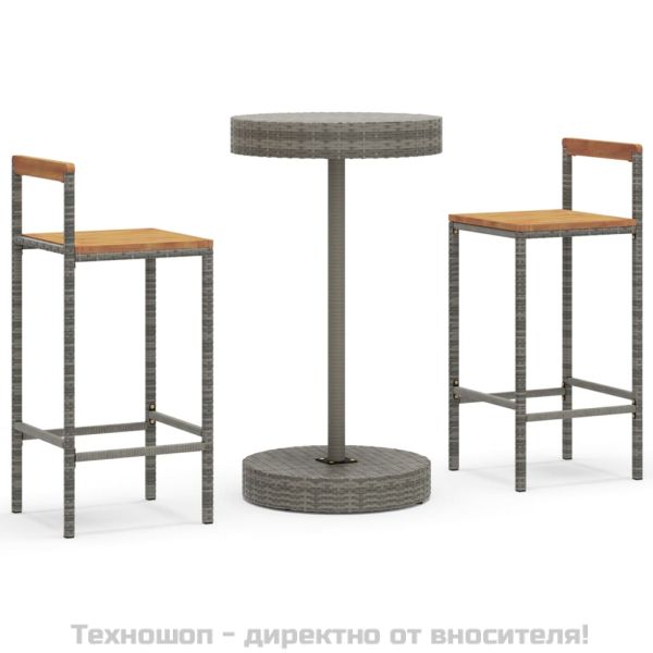 Градински бар комплект 3 части сив полиратан и акация масив