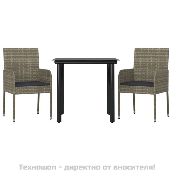 Градински трапезен комплект 3 части с възглавници сив полиратан