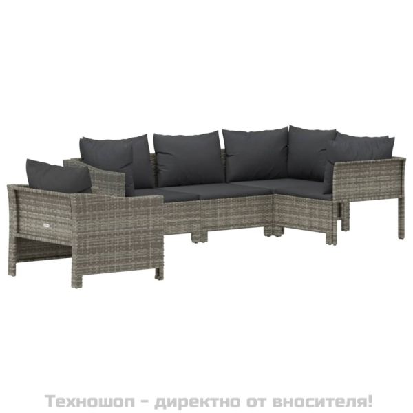 Градински лаундж комплект с възглавници 5 части сив полиратан