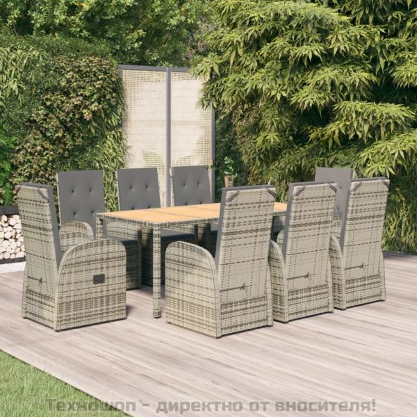 Градински трапезен комплект 9 части с възглавници сив полиратан