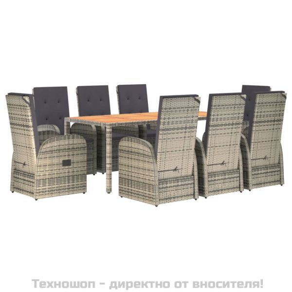 Градински трапезен комплект 9 части с възглавници сив полиратан