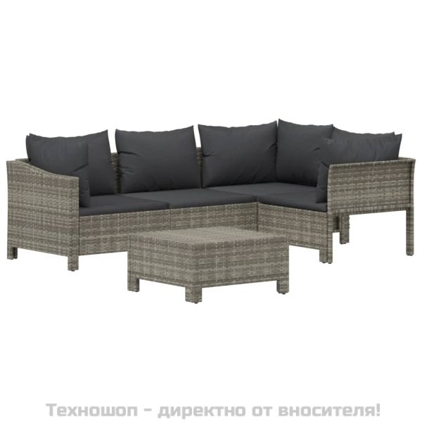 Градински лаундж комплект с възглавници 5 части сив полиратан